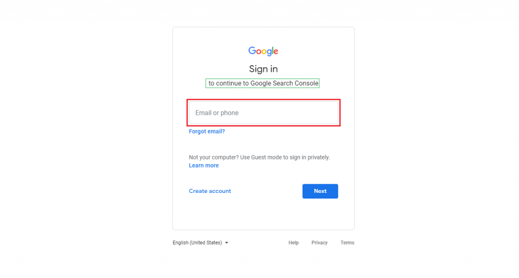 Google sign in to continue to Google search console