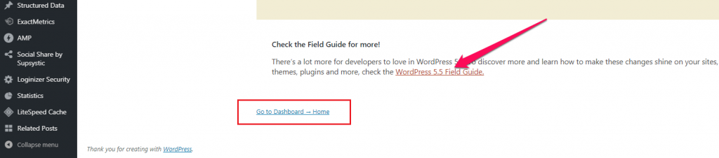 Go to dashboard after WordPress update completed