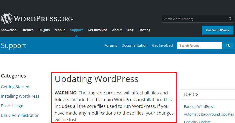 Updating WordPress warning