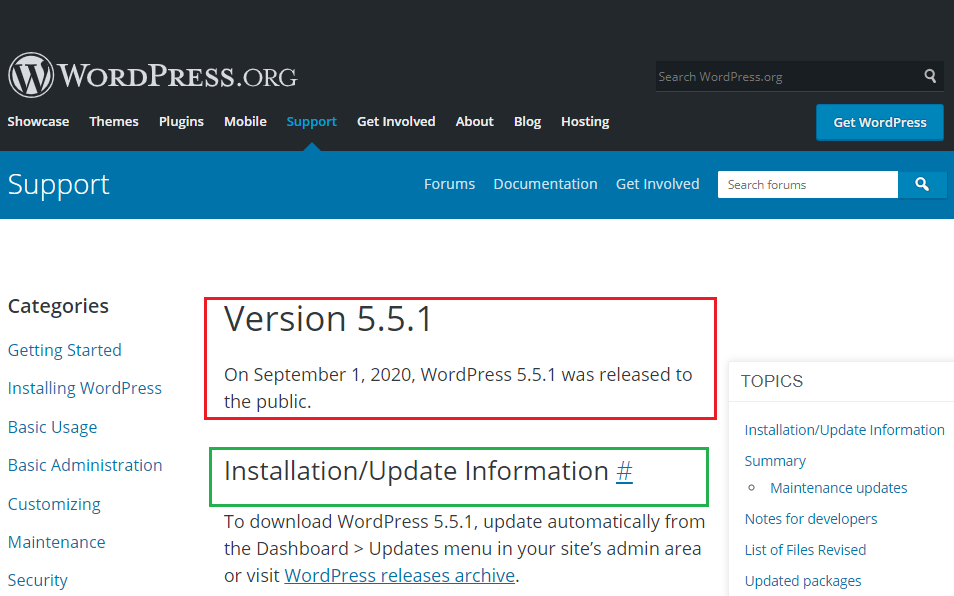 WordPress new version installation update information