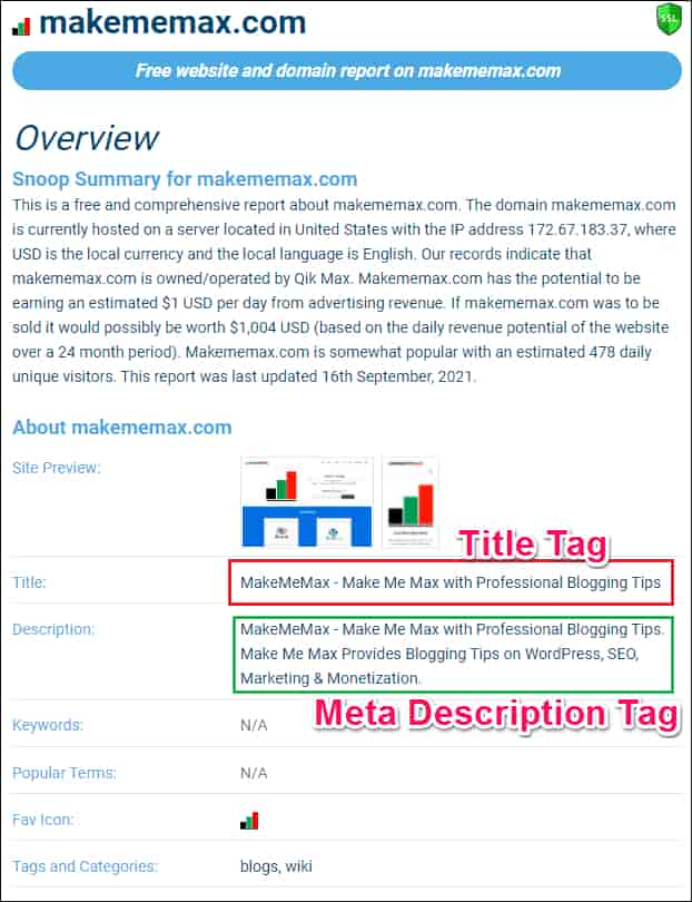 Result of makememax showing the title tag as well as meta description tag